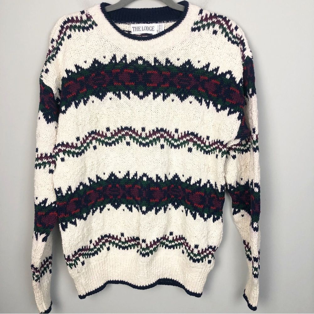 THE LODGE | Vintage Knit Grandpa Style Printed Pullover Crew Sweater Size Medium